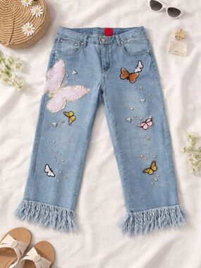 V Christina Embellished Butterfly cropped fringe hem jeans, women’s 10